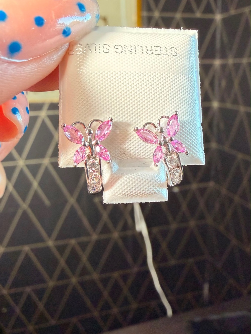 Pink Butterfly Crystal Hoop Earrings - Sterling Silver